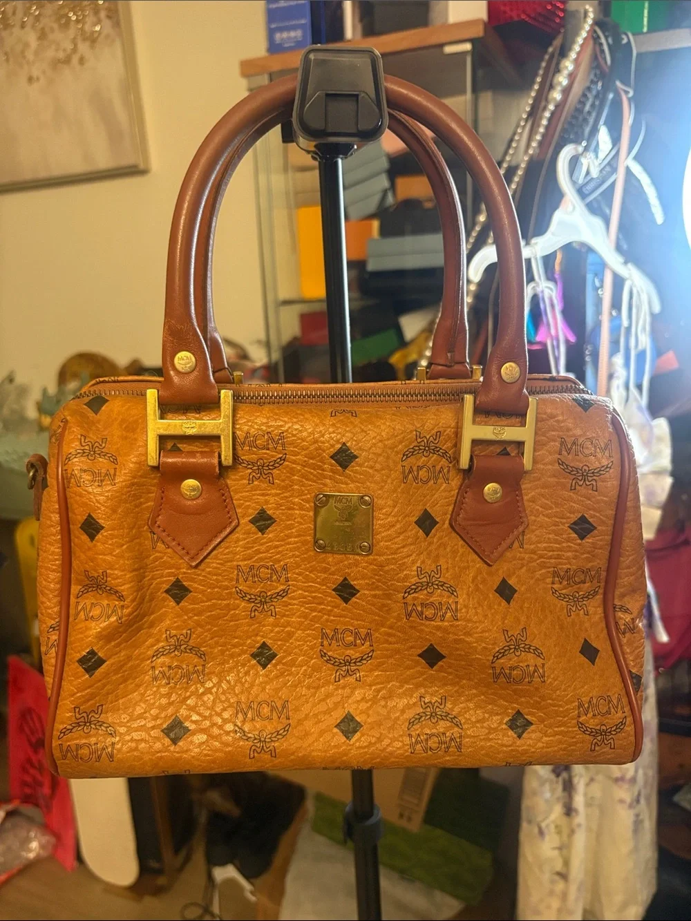 MCM Cognac Brown Visetos Monogram Satchel